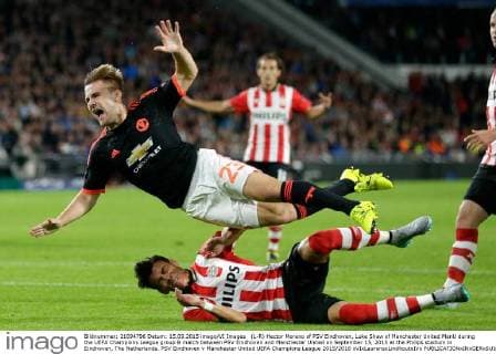 (L-R) Hector Moreno of PSV Eindhoven, Luke Shaw of Manchester United ManU during the UEFA Champions League group B match between PSV Eindhoven and Manchester United on September 15, 2015 at the Philips stadium in Eindhoven, The Netherlands. PSV Eindhoven v Manchester United UEFA Champions League 2015 2016 xVIxLaurensxLindhoutxIVx 4330185