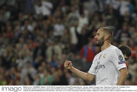 Soccer match between Real Madrid and Shakhtar Donetsk of the 2015 2016 Champions League, held at the Santiago Bernabeu stadium, in Madrid 09 15 2015. Karim Benzema celebrates after scoring 