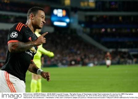 Memphis Depay of Manchester United ManU celebrates 0-1 during the UEFA Champions League group B match between PSV Eindhoven and Manchester United on September 15, 2015 at the Philips stadium in Eindhoven, The Netherlands. PSV Eindhoven v Manchester United UEFA Champions League 2015 2016 xVIxLaurensxLindhoutxIVx 4330325