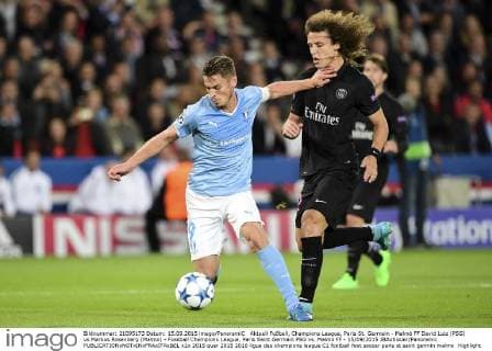 Aktuell Fußball, Champions League, Paris St. Germain - Malmö FF David Luiz (PSG) vs Markus Rosenberg (Malmo) - Fussball Champions League, Paris Saint Germain PSG vs. Malmö FF - 15 09 2015 JBAutissier Panoramic 