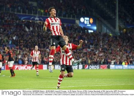 (L-R) Hector Moreno of PSV, Andres Guardado of PSV during the UEFA Champions League group B match between PSV Eindhoven and Manchester United ManU on September 15, 2015 at the Philips stadium in Eindhoven, The Netherlands. PSV Eindhoven v Manchester United UEFA Champions League 2015 2016 xVIxxIVx 4330461