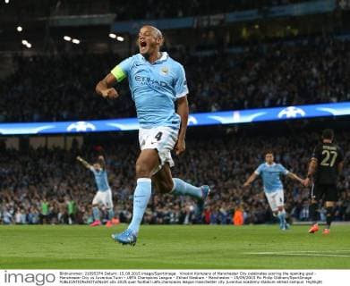 Vincent Kompany of Manchester City celebrates scoring the opening goal - Manchester City vs Juventus Turin - UEFA Champions League - Etihad Stadium - Manchester - 15 09 2015 Pic Philip Oldham SportImage EDITORIAL USE ONLY. No use with unauthorised audio, video, data, fixture lists, club league logos or live services. Online in-match use limited to 120 images, no video emulation. No use in betting, games or single club league player publications.