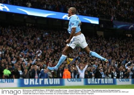 Vincent Kompany of Manchester City celebrates scoring the opening goal - Manchester City vs. Juventus Turin. - UEFA Champions League - Etihad Stadium - Manchester - 15 09 2015 EDITORIAL USE ONLY. No use with unauthorised audio, video, data, fixture lists, club league logos or live services. Online in-match use limited to 120 images, no video emulation. No use in betting, games or single club league player publications.