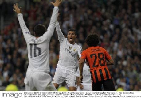 Soccer match between Real Madrid and Shakhtar Donetsk of the 2015 2016 Champions League, held at the Santiago Bernabeu stadium, in Madrid 09 15 2015. Cristiano Ronaldo claims for penalty 