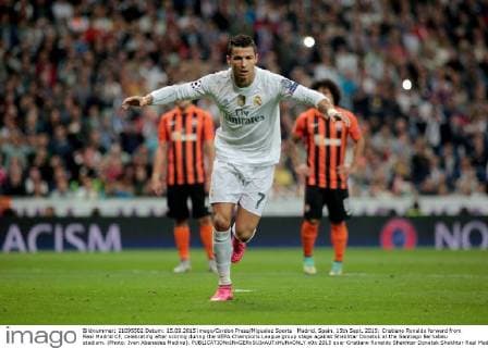 Madrid, Spain. 15th Sept. 2015: Cristiano Ronaldo forward from Real Madrid CF, celebrating after scoring during the UEFA Champions League group stage against Shakhtar Donetsk at the Santiago Bernabeu stadium. (Photo: Ivan Abanades Medina).