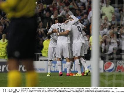 Soccer match between Real Madrid and Shakhtar Donetsk of the 2015 2016 Champions League, held at the Santiago Bernabeu stadium, in Madrid 09 15 2015. Cristiano Ronaldo celebrates after scoring 