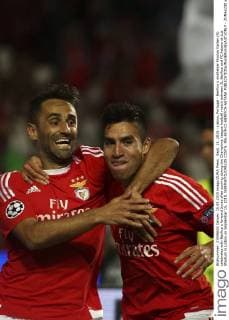 Sept. 15, 2015 - Lisbon, Portugal - Benfica s midfielder Nicolas Gaitan (R) celebrates with Benfica s forward Jonas after scoring during the Champions League football match between SL Benfica and FC Astana at Luz Stadium in Lisbon on September 15, 2015. NURPHOTO CARLOS COSTA. FBL-EUR-C1-BENFICA-ASTANA  - ZUMAn230