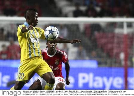 Sept. 15, 2015 - Lisbon, Portugal - Astana s midfielder Foxi Kethevoama (L) vies with Benfica s defender Nelson Semedo during the Champions League football match between SL Benfica and FC Astana at Luz Stadium in Lisbon on September 15, 2015. NURPHOTO CARLOS COSTA. FBL-EUR-C1-BENFICA-ASTANA  - ZUMAn230