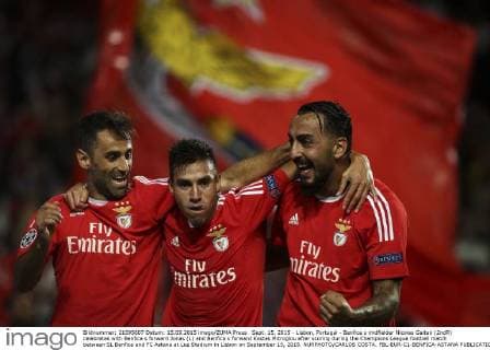 Sept. 15, 2015 - Lisbon, Portugal - Benfica s midfielder Nicolas Gaitan (2ndR) celebrates with Benfica s forward Jonas (L) and Benfica s forward Kostas Mitroglou after scoring during the Champions League football match between SL Benfica and FC Astana at Luz Stadium in Lisbon on September 15, 2015. NURPHOTO CARLOS COSTA. FBL-EUR-C1-BENFICA-ASTANA  - ZUMAn230