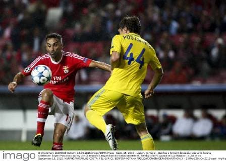 Sept. 15, 2015 - Lisbon, Portugal - Benfica s forward Jonas (L) vies with Astana s defender Evgeni Postnikov during the Champions League football match between SL Benfica and FC Astana at Luz Stadium in Lisbon on September 15, 2015. NURPHOTO CARLOS COSTA. FBL-EUR-C1-BENFICA-ASTANA  - ZUMAn230