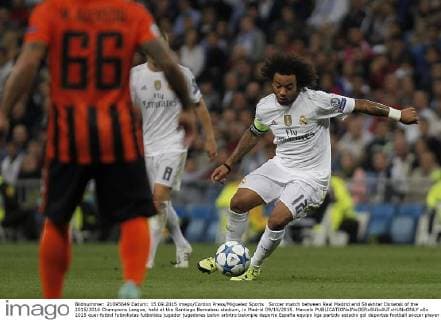 Soccer match between Real Madrid and Shakhtar Donetsk of the 2015 2016 Champions League, held at the Santiago Bernabeu stadium, in Madrid 09 15 2015. Marcelo 