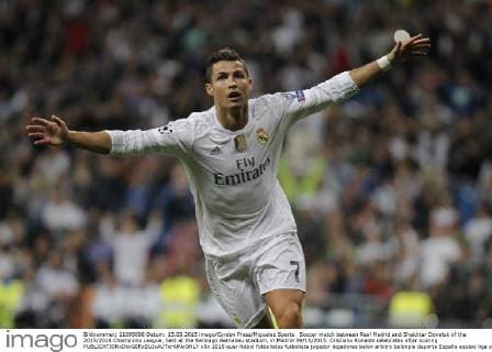 Soccer match between Real Madrid and Shakhtar Donetsk of the 2015 2016 Champions League, held at the Santiago Bernabeu stadium, in Madrid 09 15 2015. Cristiano Ronaldo celebrates after scoring 
