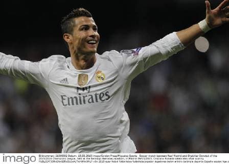 Soccer match between Real Madrid and Shakhtar Donetsk of the 2015 2016 Champions League, held at the Santiago Bernabeu stadium, in Madrid 09 15 2015. Cristiano Ronaldo celebrates after scoring 