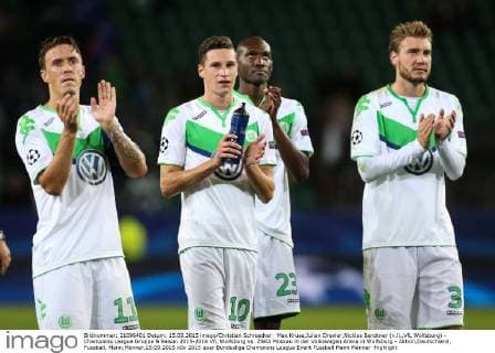 Max Kruse,Julian Draxler,Nicklas Bendtner (v.li.,VfL Wolfsburg) - Champions League Gruppe B Saison 2015-2016 VfL Wolfsburg vs. ZSKA Moskau in der Volkswagen Arena in Wolfsburg - Aktion,Deutschland, Fussball, Mann,Männer,15.09.2015