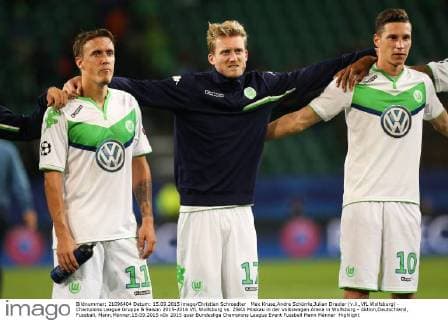Max Kruse,Andre Schürrle,Julian Draxler (v.li.,VfL Wolfsburg) - Champions League Gruppe B Saison 2015-2016 VfL Wolfsburg vs. ZSKA Moskau in der Volkswagen Arena in Wolfsburg - Aktion,Deutschland, Fussball, Mann,Männer,15.09.2015
