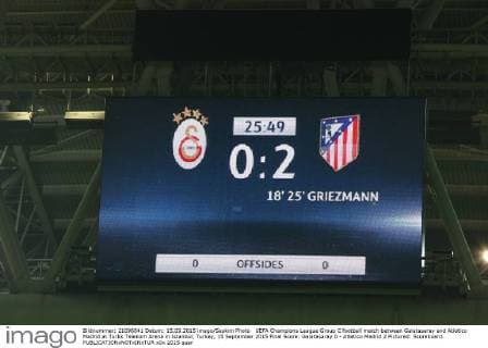 UEFA Champions League Group C football match between Galatasaray and Atletico Madrid at Turkk Telekom Arena in Istanbul, Turkey, 15 September 2015 Final Score: Galatasaray 0 - Atletico Madrid 2 Pictured: Scoreboard. 