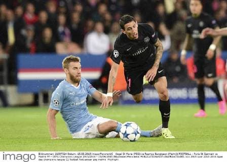 Angel Di Maria (PSG) vs Rasmus Bengtsson (Malmö) FOOTBALL : Paris St Germain vs Malmö FF - UEFA Champions League 2015 2016 - 15 09 2015 JBAutissier Panoramic 