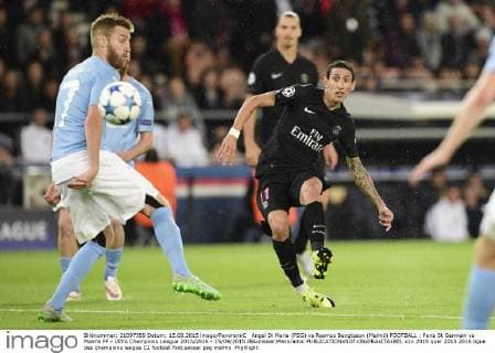 Angel Di Maria (PSG) vs Rasmus Bengtsson (Malmö) FOOTBALL : Paris St Germain vs Malmö FF - UEFA Champions League 2015 2016 - 15 09 2015 JBAutissier Panoramic 