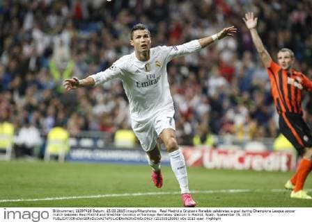 Real Madrid s Cristiano Ronaldo celebrates a goal during Champions League soccer match between Real Madrid and Shakhtar Donetsk at Santiago Bernabeu stadium in Madrid, Spain. Spetember 15, 2015.  (20150915086)