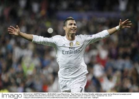 Real Madrid s Cristiano Ronaldo celebrates a goal during Champions League soccer match between Real Madrid and Shakhtar Donetsk at Santiago Bernabeu stadium in Madrid, Spain. Spetember 15, 2015.  (20150915087)