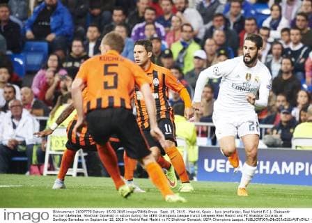 Sept. 15, 2015 - Madrid, Spain - Isco (midfielder, Real Madrid F.C.), Oleksandr Kucher (defender, Shakhtar Donetsk) in action during the UEFA Champions League match between Real Madrid and FC Shakhtar Donetsk at Santiago Bernabeu on September 15, 2015 in Madrid Real Madrid vs FC Shakhtar Donetsk. UEFA Champions League.  - ZUMAg15_