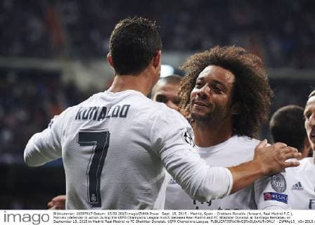 Sept. 15, 2015 - Madrid, Spain - Cristiano Ronaldo (forward, Real Madrid F.C.), Marcelo (defender in action during the UEFA Champions League match between Real Madrid and FC Shakhtar Donetsk at Santiago Bernabeu on September 15, 2015 in Madrid Real Madrid vs FC Shakhtar Donetsk. UEFA Champions League.  - ZUMAg15_