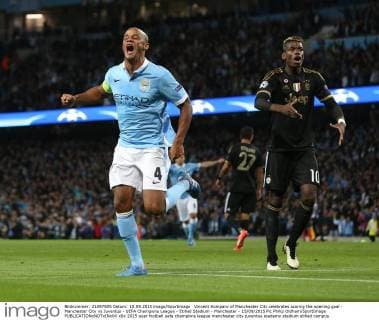 Vincent Kompany of Manchester City celebrates scoring the opening goal - Manchester City vs Juventus - UEFA Champions League - Etihad Stadium - Manchester - 15 09 2015 Pic Philip Oldham SportImage EDITORIAL USE ONLY. No use with unauthorised audio, video, data, fixture lists, club league logos or live services. Online in-match use limited to 120 images, no video emulation. No use in betting, games or single club league player publications.