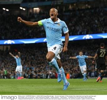 Vincent Kompany of Manchester City celebrates scoring the opening goal - Manchester City vs Juventus - UEFA Champions League - Etihad Stadium - Manchester - 15 09 2015 Pic Philip Oldham SportImage EDITORIAL USE ONLY. No use with unauthorised audio, video, data, fixture lists, club league logos or live services. Online in-match use limited to 120 images, no video emulation. No use in betting, games or single club league player publications.
