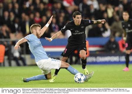 Angel Di Maria (PSG) vs Rasmus Bengtsson (Malmö) FOOTBALL : Paris St Germain vs Malmö FF - UEFA Champions League 2015 2016 - 15 09 2015 JBAutissier Panoramic 