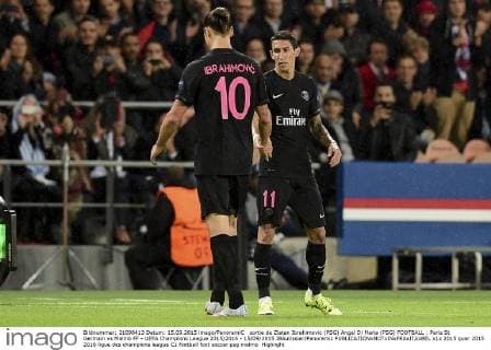sortie de Zlatan Ibrahimovic (PSG) Angel Di Maria (PSG) FOOTBALL : Paris St Germain vs Malmö FF - UEFA Champions League 2015 2016 - 15 09 2015 JBAutissier Panoramic 