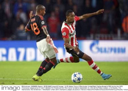 (L-R) Ashley Young of Manchester United ManU Joshua Brenet of PSV during the UEFA Champions League group B match between PSV Eindhoven and Manchester United on September 15, 2015 at the Philips stadium in Eindhoven, The Netherlands. PSV Eindhoven v Manchester United UEFA Champions League 2015 2016 xVIxxIVx 4331898