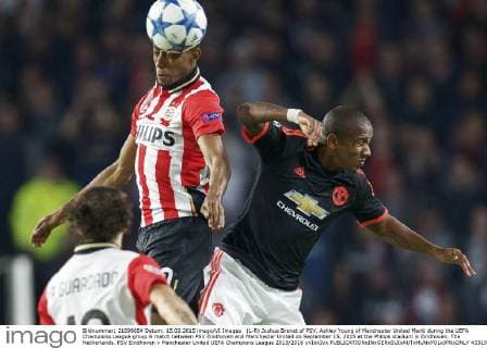 (L-R) Joshua Brenet of PSV, Ashley Young of Manchester United ManU during the UEFA Champions League group B match between PSV Eindhoven and Manchester United on September 15, 2015 at the Philips stadium in Eindhoven, The Netherlands. PSV Eindhoven v Manchester United UEFA Champions League 2015 2016 xVIxxIVx 4331901