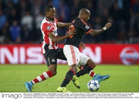 (L-R) Joshua Brenet of PSV, Ashley Young of Manchester United ManU during the UEFA Champions League group B match between PSV Eindhoven and Manchester United on September 15, 2015 at the Philips stadium in Eindhoven, The Netherlands. PSV Eindhoven v Manchester United UEFA Champions League 2015 2016 xVIxxIVx 4331908