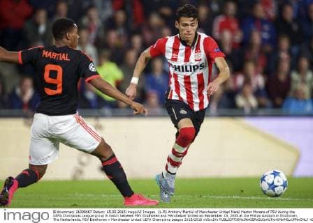 (L-R) Anthony Martial of Manchester United ManU Hector Moreno of PSV during the UEFA Champions League group B match between PSV Eindhoven and Manchester United on September 15, 2015 at the Philips stadium in Eindhoven, The Netherlands. PSV Eindhoven v Manchester United UEFA Champions League 2015 2016 xVIxxIVx 4331914