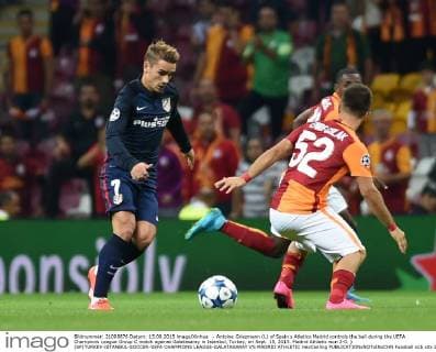 - Antoine Griezmann (L) of Spain s Atletico Madrid controls the ball during the UEFA Champions League Group C match against Galatasaray in Istanbul, Turkey, on Sept. 15, 2015. Madrid Athletic won 2-0. ) (SP)TURKEY-ISTANBUL-SOCCER-UEFA CHAMPIONS LEAGUE-GALATASARAY VS MADRID ATHLETIC HexCanling 