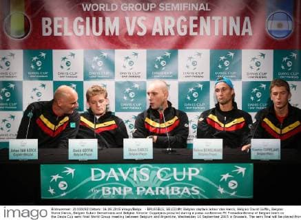 - BRUSSELS, BELGIUM: Belgian captain Johan Van Herck, Belgian David Goffin, Belgian Steve Darcis, Belgian Ruben Bemelmans and Belgian Kimmer Coppejans pictured during a press conference PK Pressekonferenz of Belgian team on the Davis Cup semi final World Group meeting between Belgium and Argentina, Wednesday 16 September 2015 in Brussels. The semi final will be played from 18 to 20 September 2015 in Vorst-Forest, Brussels VIRGINIExLEFOUR  x04700875x