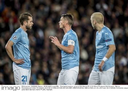 Champions League, group A PSG-Malmö FF (2-0) Malmö FF players Kari Arnason, Marcus Rosenberg and Anton Tinnerholm 2015-09-15  xORRExPONTUSx AB87417446