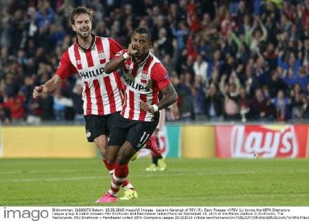 Luciano Narsingh of PSV (R), Davy Propper of PSV (L) during the UEFA Champions League group B match between PSV Eindhoven and Manchester United ManU on September 15, 2015 at the Philips stadium in Eindhoven, The Netherlands. PSV Eindhoven v Manchester United UEFA Champions League 2015 2016 xVIxJeroenxPutmansxIVx 4333190