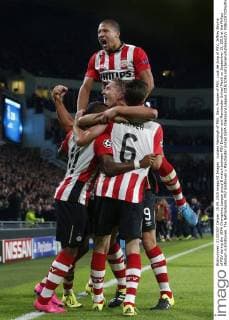 Luciano Narsingh of PSV, Davy Propper of PSV, Luuk de Jong of PSV, Jeffrey Bruma of PSV during the UEFA Champions League group B match between PSV Eindhoven and Manchester United ManU on September 15, 2015 at the Philips stadium in Eindhoven, The Netherlands. PSV Eindhoven v Manchester United UEFA Champions League 2015 2016 xVIxJeroenxPutmansxIVx 4333198