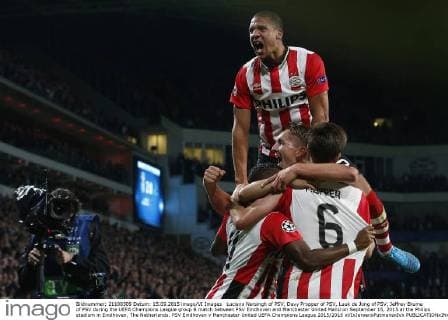 Luciano Narsingh of PSV, Davy Propper of PSV, Luuk de Jong of PSV, Jeffrey Bruma of PSV during the UEFA Champions League group B match between PSV Eindhoven and Manchester United ManU on September 15, 2015 at the Philips stadium in Eindhoven, The Netherlands. PSV Eindhoven v Manchester United UEFA Champions League 2015 2016 xVIxJeroenxPutmansxIVx 4333200