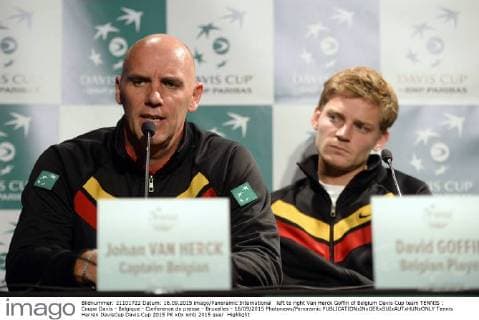 left to right Van Herck Goffin of Belgium Davis Cup team TENNIS : Coupe Davis - Belgique - Conference de presse - Bruxelles - 16 09 2015 Photonews Panoramic 