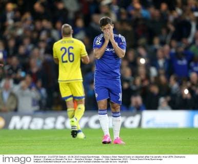 Chelsea s Eden Hazard looks on dejected after his penalty miss UEFA Champions League - Chelsea vs Maccabi Tel Aviv - Stamford Bridge - England - 16th September 2015 - Picture David Klein Sportimage EDITORIAL USE ONLY. No use with unauthorised audio, video, data, fixture lists, club league logos or live services. Online in-match use limited to 120 images, no video emulation. No use in betting, games or single club league player publications.