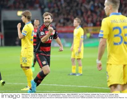 Admir MEHMEDI, Lev 14 Torschuss, schiesst das Tor zum 1-0 Torjubel, Jubel nach dem Tor BAYER 04 LEVERKUSEN - FC BATE BORISOV , Fussball UEFA Champions League, Gruppenphase, Leverkusen, 16.09.2015 CL Saison 2015 2016,