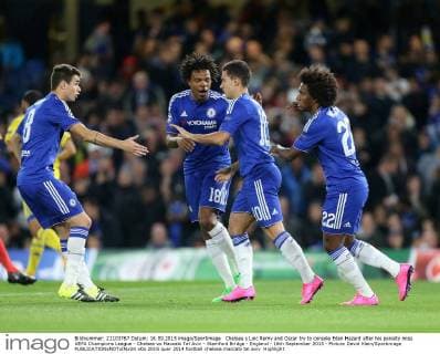 Chelsea s Loic Remy and Oscar try to console Eden Hazard after his penalty miss UEFA Champions League - Chelsea vs Maccabi Tel Aviv - Stamford Bridge - England - 16th September 2015 - Picture David Klein Sportimage EDITORIAL USE ONLY. No use with unauthorised audio, video, data, fixture lists, club league logos or live services. Online in-match use limited to 120 images, no video emulation. No use in betting, games or single club league player publications.