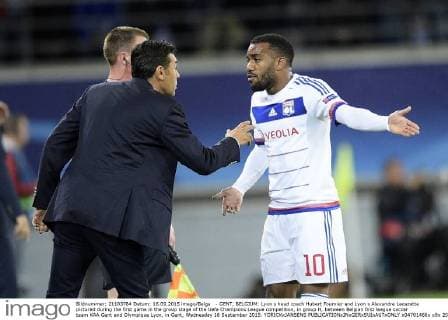 - GENT, BELGIUM: Lyon s head coach Hubert Fournier and Lyon s Alexandre Lacazette pictured during the first game in the group stage of the Uefa Champions League competition, in group H, between Belgian first league soccer team KAA Gent and Olympique Lyon, in Gent, Wednesday 16 September 2015. YORICKxJANSENS  x04701466x