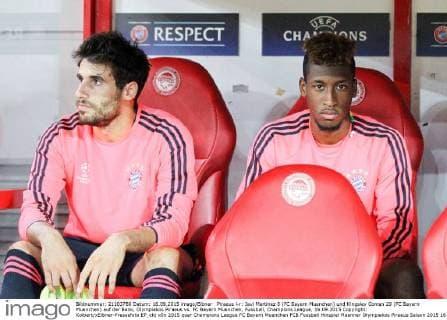 Piraeus l-r: Javi Martinez 8 (FC Bayern Muenchen) und Kingsley Coman 29 (FC Bayern Muenchen) auf der Bank, Olympiakos Piraeus vs. FC Bayern Muenchen, Fussball, Champions League, 16.09.2015 Copyright: Kolbert xEibner-Pressefoto EP_ckt