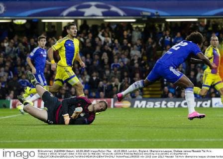 16.09.2015. London, England. Champions League. Chelsea versus Macabbi Tel Aviv. Chelsea s Willian brought down in the box by Maccabi Tel-Aviv& x2019;s Predrag Rajkovic resulting in a penalty xCraigxMercerx  ActionPlus11660835