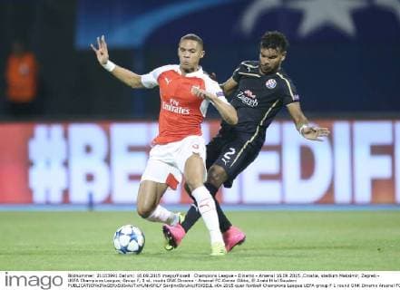 Champions League - Dinamo - Arsenal 16.09.2015.,Croatia, stadium Maksimir, Zagreb - UEFA Champions League, Group F, 1 st. roudn GNK Dinamo - Arsenal FC.Kieran Gibbs, El Arabi Hilal Soudani  SanjinxStrukic PIXSELL