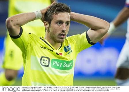 - GENT, BELGIUM: Gent s Brecht Dejaegere reacts during the first game in the group stage of the Uefa Champions League competition, in group H, between Belgian first league soccer team KAA Gent and Olympique Lyon, in Gent, Wednesday 16 September 2015. JASPERxJACOBS  x04701450x