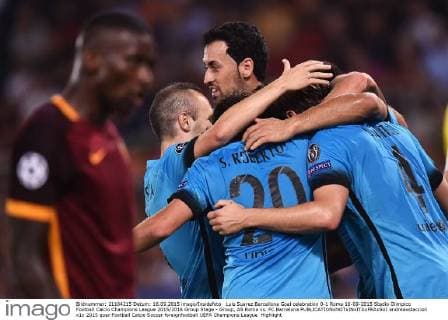 Luis Suarez Barcellona Goal celebration 0-1 Roma 16-09-2015 Stadio Olimpico Football Calcio Champions League 2015 2016 Group Stage - Group, AS Roma vs. FC Barcelona andreaxstaccioli
